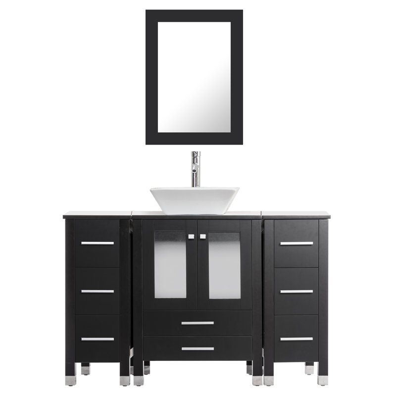 48 meubles-lavabos simples avec plateau en bois, lavabo vasque, robinet en alliage de zinc, pieds en bois massif, Noir