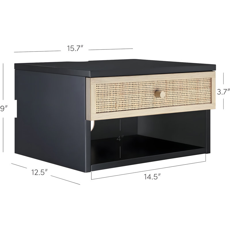Jackson Rattan Floating Nightstand With Storage Drawer And Open Shelf, Black