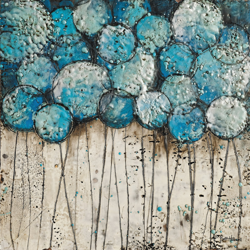 «Bubble Trees in Blue» par Britt Hallowell - impression, H 12 po x l 12 po, Non, Toile avec cadre flottant noir