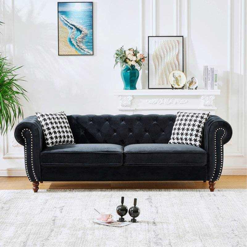 Canapé avec accoudoirs roulés et têtes de clou, canapé capitonné rembourré pour salon, bureau, appartement, Noir