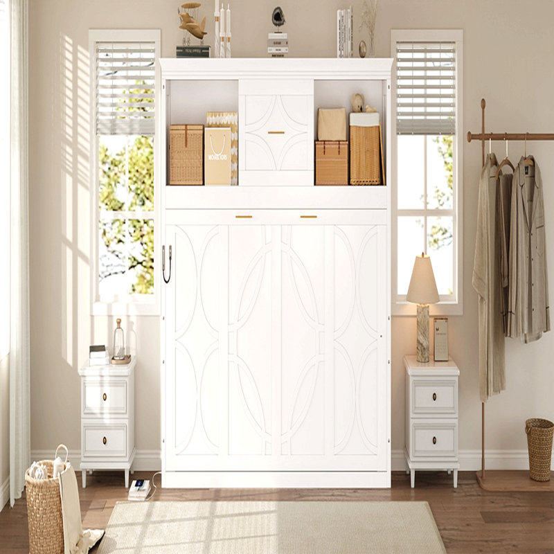 Lit escamotable simple avec station de charge et tiroir, blanc, White