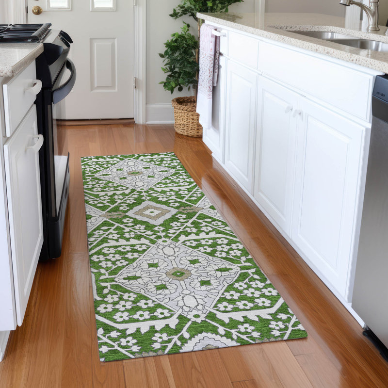 Premium Machine Washable Elaine Green Rug, Runner 2'3" x 7'6"