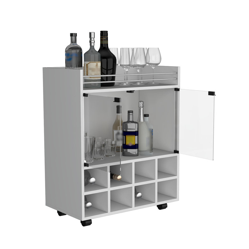 Chariot-bar St Andrews avec support intégré pour 8 bouteilles, armoire à double porte vitrée et surface supérieure bordée d'aluminium