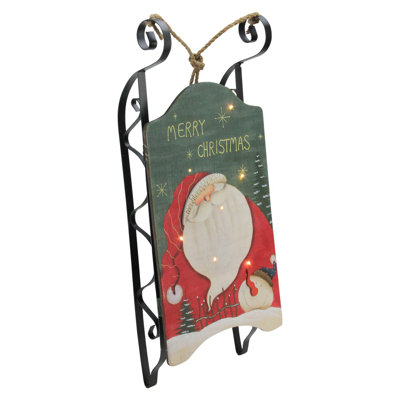 19.5" Hanging Wooden and Metal Santa Claus LED Decorative Christmas Sleigh