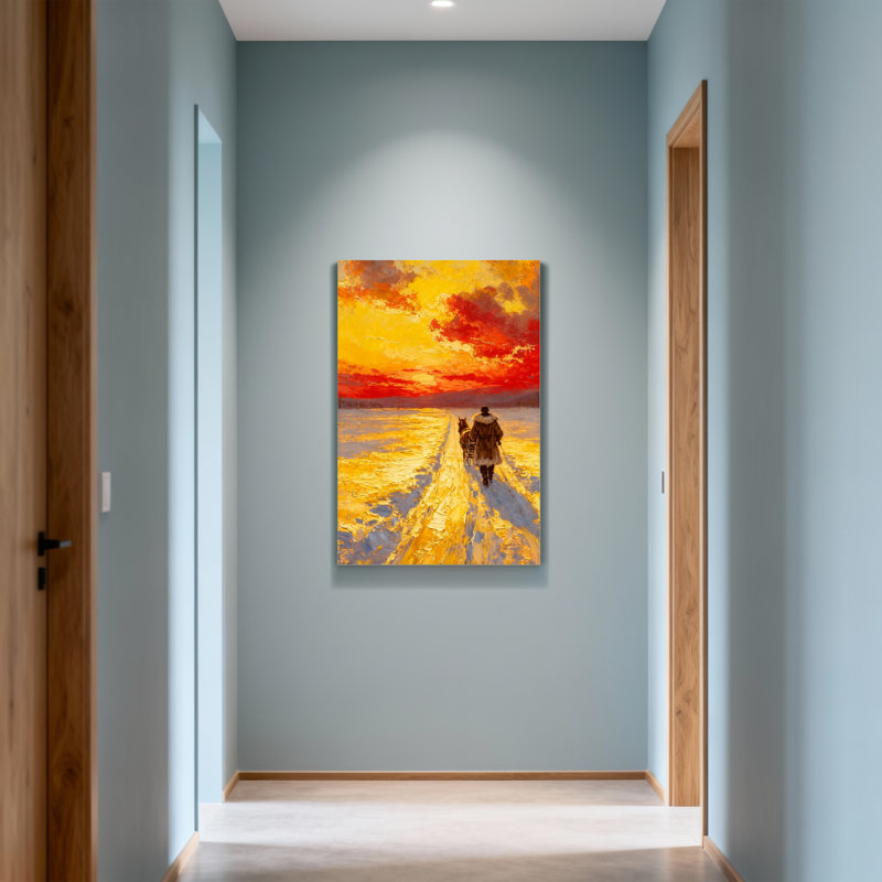 Paysage et nature Coucher de soleil sur un traîneau, paysage d'hiver, couleurs chaudes, scène artistique, H 18 po x l 12 po