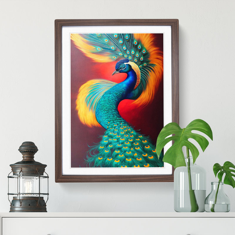 Bold Peacock No.2 - Single Picture Frame Print, 46cm H x 34cm W x 2cm D, Walnut