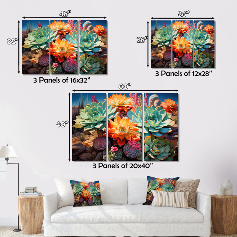 Succulentes vertes, orange, fleurs du désert II, H 34 po x l 44 po x P 1,5 po, Cadre flottant brun