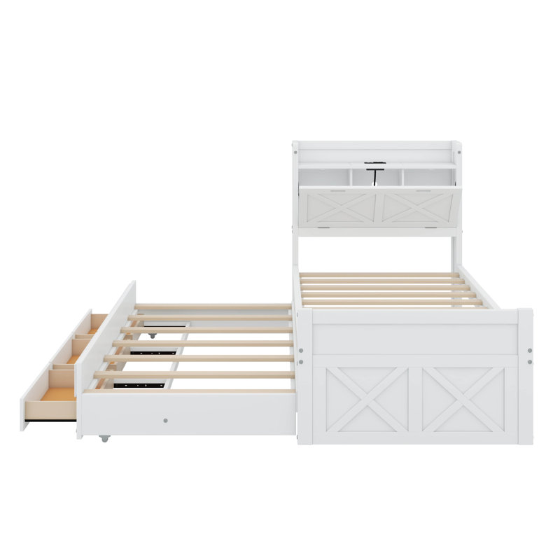 Lit simple en bois avec tête de lit avec prises de courant, lit extensible avec lit gigogne simple avec trois tiroirs de rangement