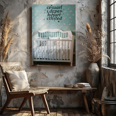 Canvas Create A Serene Nursery Scene Featuring A White Wooden Crib Wall Art Positioned Against A Soft Aqua Wall Adorned With Delicate Canvas Wall Art