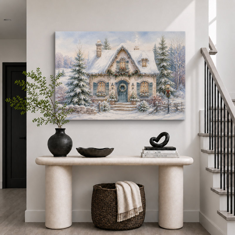 «Christmas Cottage Snowy House», art du salon, impression sur toile encadrée, H 32 po x l 48 po x P 1,5 po, Toile tendue