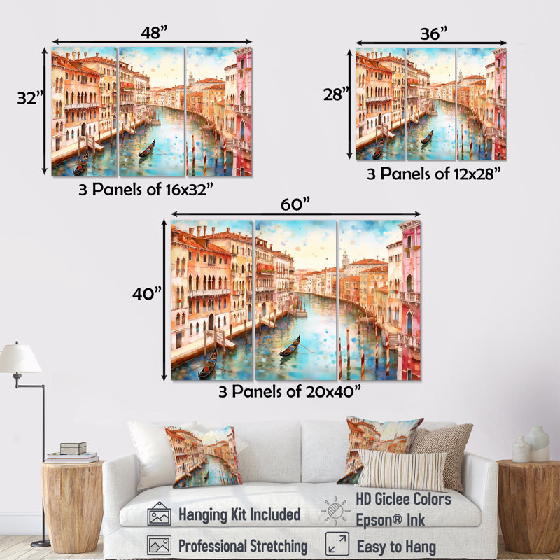 Amariauna - Ensemble d'art mural Venise, H 28 po x l 36 po x P 1 po, Toile tendue