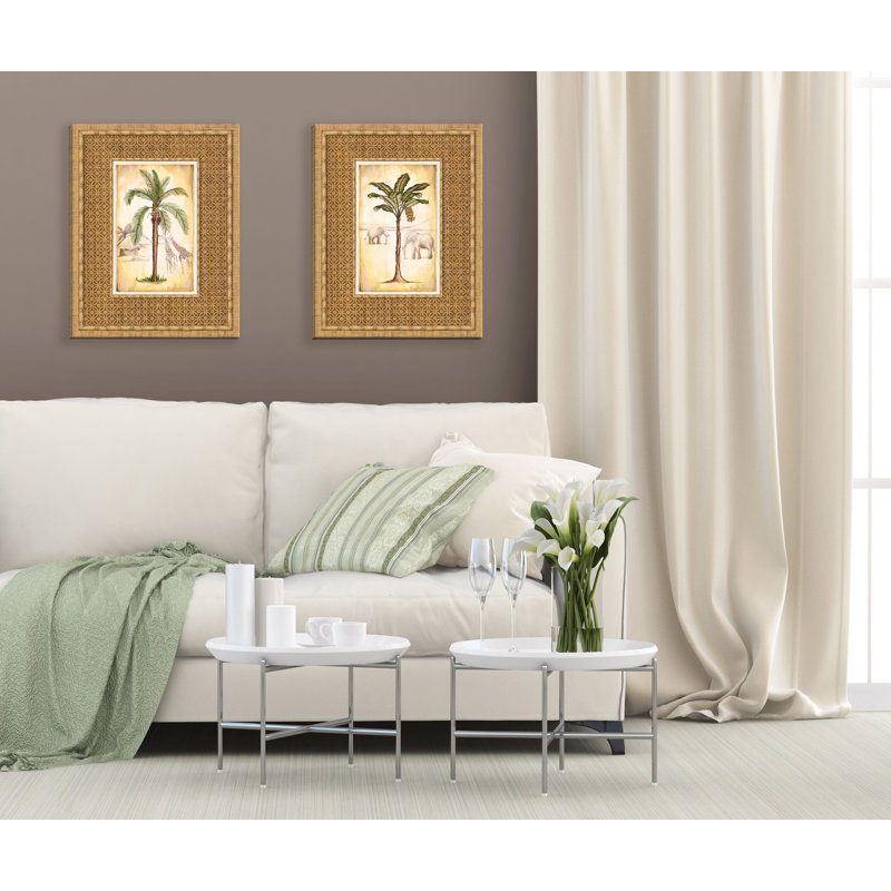 «Lovely Tropical Palm Trees and Safari Elephant and Giraffe», ensemble de 2 impressions sur toile tendue