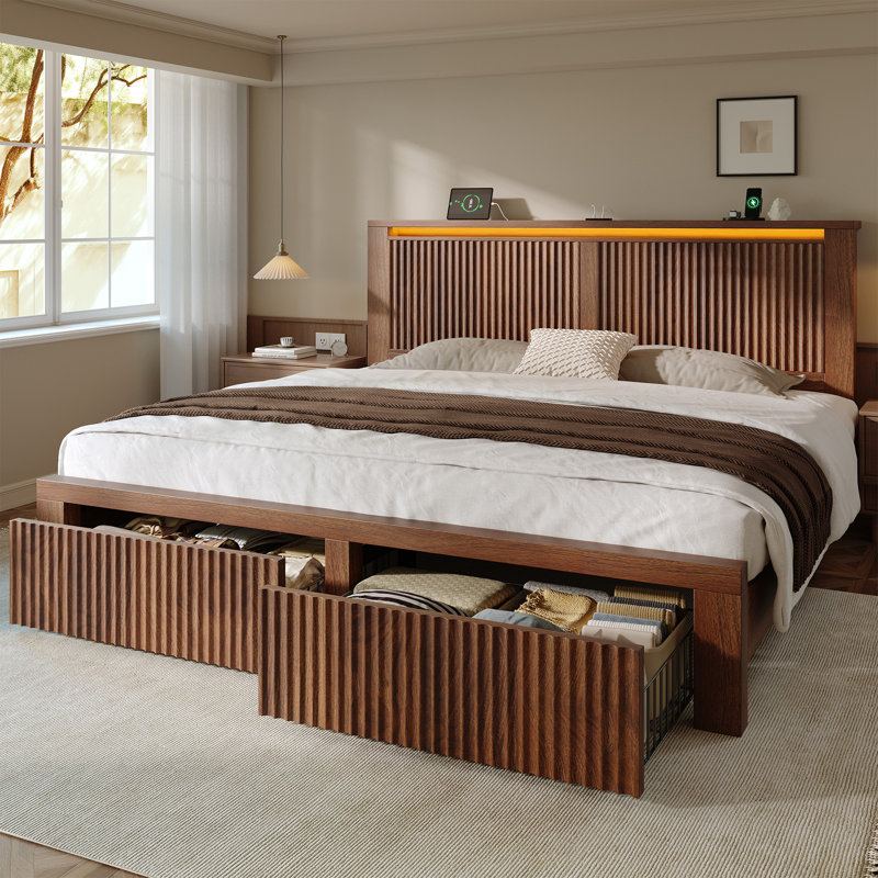 Fluted Panel Platform Bed with LED Headboard, Storage Drawers & USB Charging,No Box Spring Needed,King/Dark Brown, King