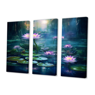 «Pink Lotus Flower Pond Misty Magic», ensemble d'art mural lac