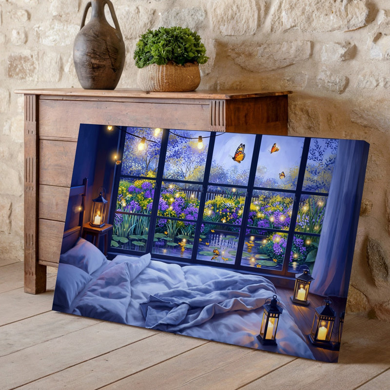 Toile une scène de chambre sereine baignée dans le crépuscule avec un lit douillet avec des draps blancs froissés et un art mural sur toile bleu pâle