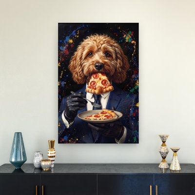 Funny Dog Pizza Portrait Elegant Playful Contemporary Dog Portrait Wall Art Print 1 Piece Wrapped Canvas Wall Art