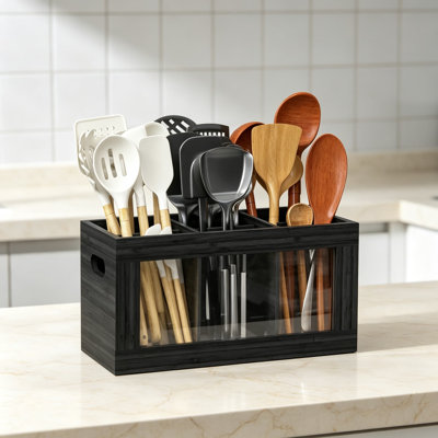 Bamboo Utensil Holder & Silverware Organizer for Kitchen Countertop, Extra Large Cooking Spoon Holder with Absorbing Drying Stone, Natural Wood Caddy for Cutlery and Cooking Tools