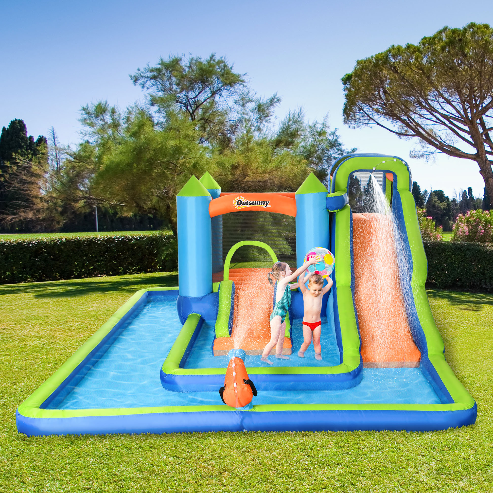 Outsunny 14 X 11 Bounce House With Water Slide And Air Blower Wayfair