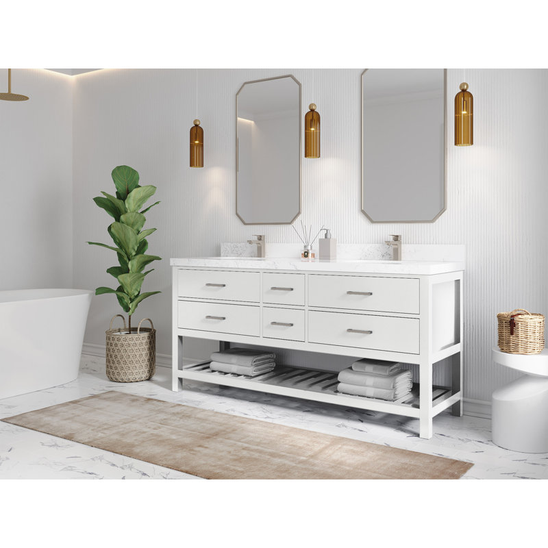 Parker 72" White Solid Wood Double Sink Vanity with Carrara Quartz Top