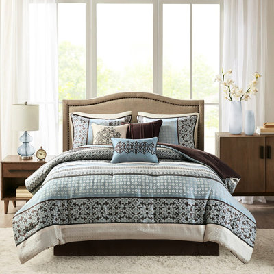 Édredon 7 pièces bleu - Literie géométrique avec bourre, style luxueux, lavable à la machine, comprend une jupe de lit