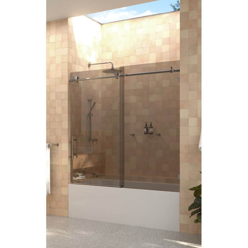 Equinox 56 - 60 in. x 60 in. Fully Frameless Bronze Tinted Sliding Bathtub Door, Chrome