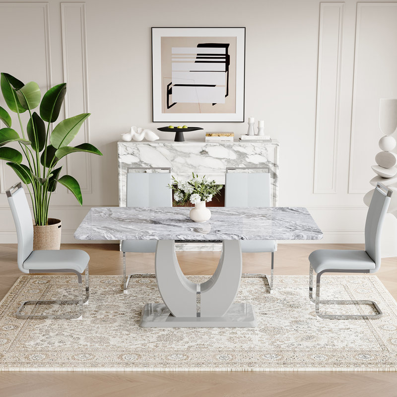  Ensemble de table de salle à manger de 63 po pour 4-6 personnes, table de salle à manger rectangulaire moderne avec chaises, ensemble de salle à manger avec chaises rembourrées