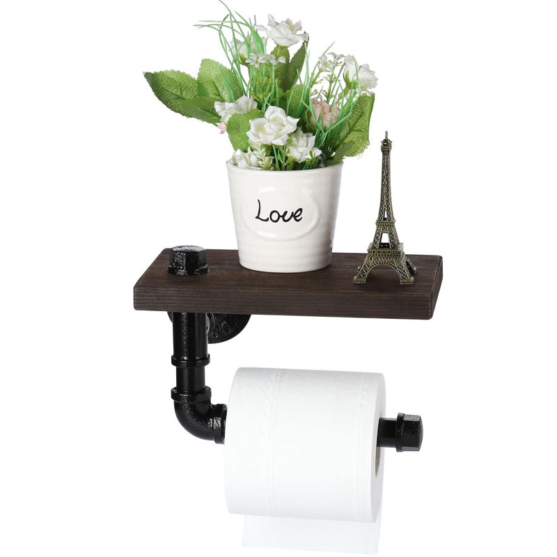 Toilet Paper Holder With Shelf, Industrial Wall Mounted Tissue Roll Hanger With Rustic Wooden Shelf For Bathroom, Washroom (Black)