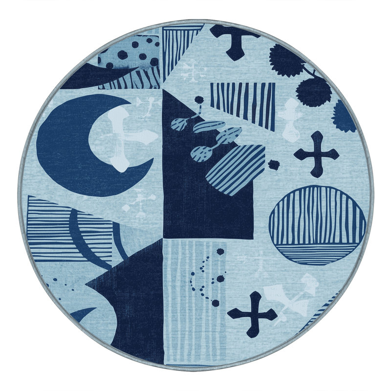 Tapis bleu moelleux moelleux à motif de blocs d'inspiration mondiale Narberth, Rond 3 pi