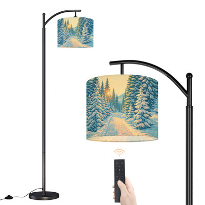Arc Floor Lamp with Adjustable Lampshade Snow covered pine trees sunset Standing Lamp 3 Color Temperatures Dimmable Tall Pole Lamp with Foot Switch for Bedroom