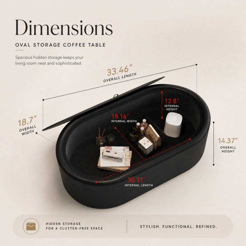Table basse ovale avec rangement caché, plateau en verre trempé et structure rembourrée en cuir Caston, Noir