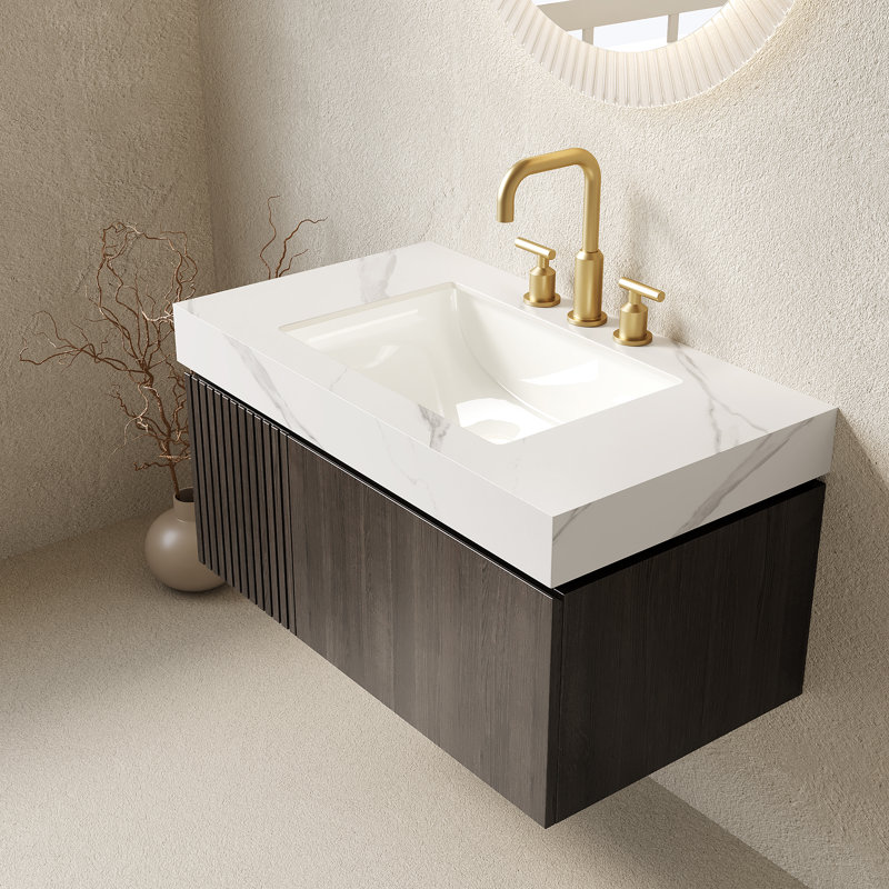 Meuble-lavabo flottant mural Adwin, Noyer fumé, Blanc de Carrare