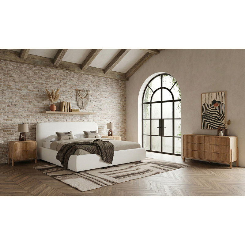 Ensemble de chambre à coucher 4 pièces en tissu ivoire moderne + chêne naturel Elvar, Grand lit