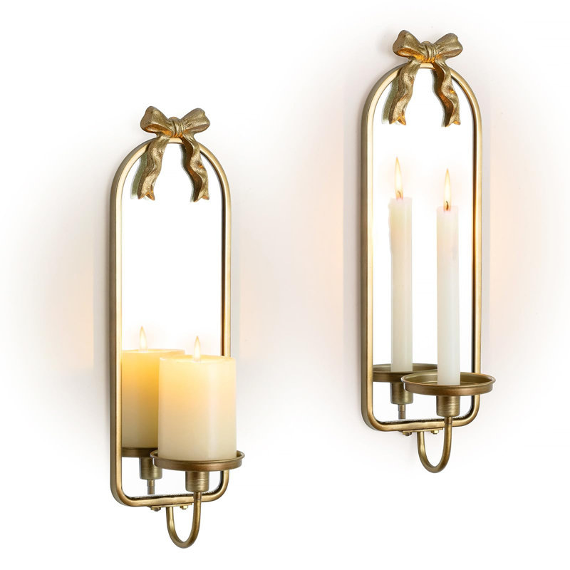 Ensemble de 2 appliques murales miroir avec cadre en métal arqué, couleur or, Gold