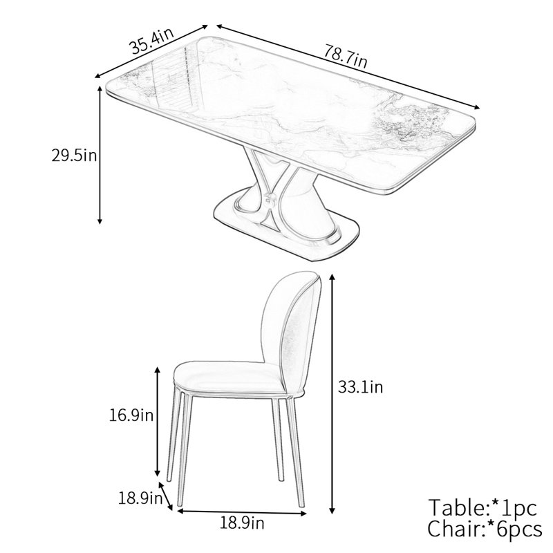 Italian style light luxury rectangular table set, 29.5"H x 78.7"L x 35.4"W
