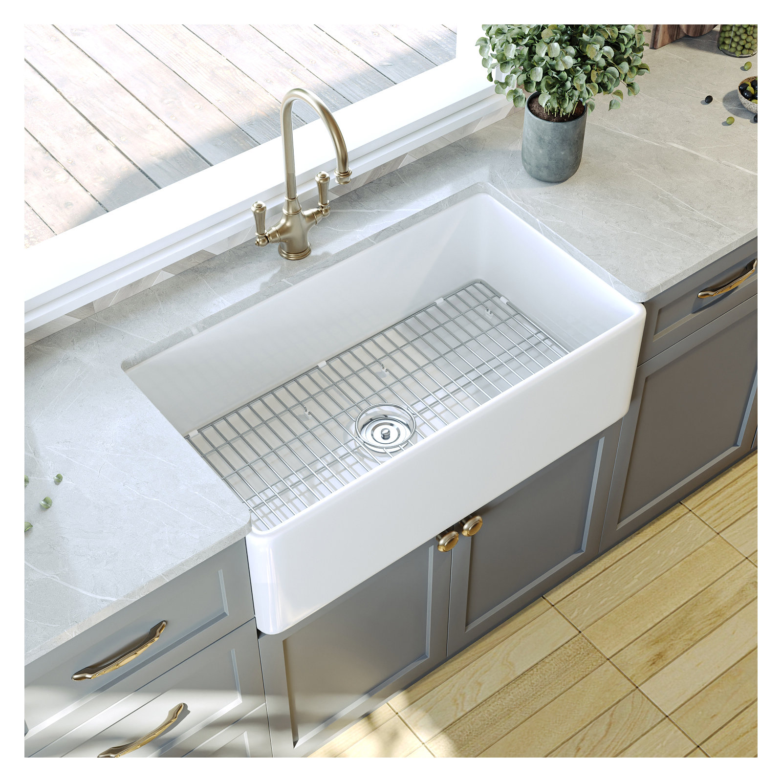 Grove 33" L X 18" W Rectangular Single Bowl Fireclay Farmhouse Kitchen Sink with Grid and Strainer, White