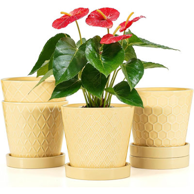 Set Of 4 Yellow 5" Ceramic Plant Pots With Drainage And Trays