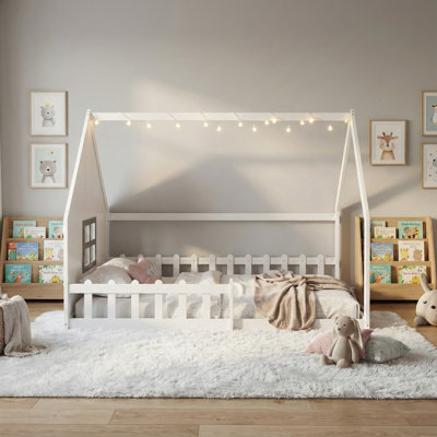 Full-size Wooden House Bed With Decorative Window, Fence & Led Lights – Low-profile Floor Bed For Play And Rest