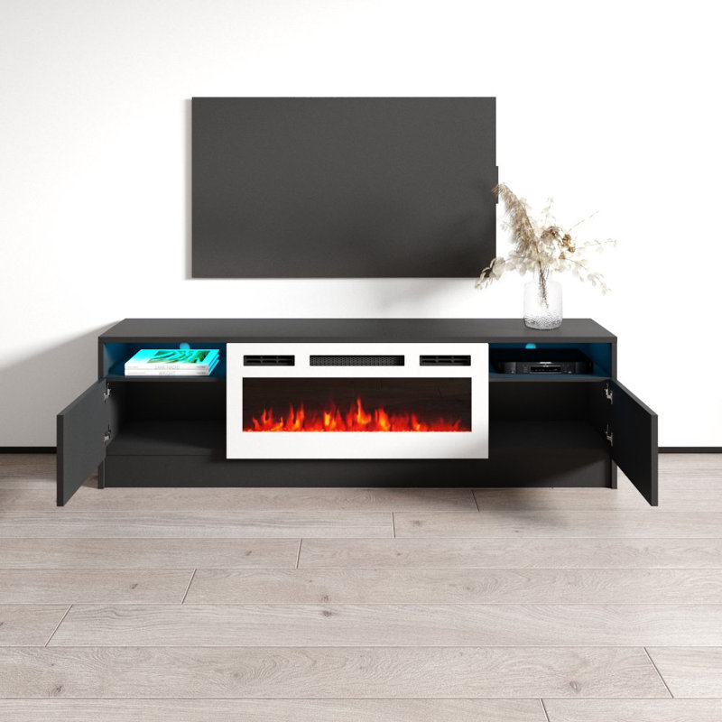 63" Modern TV Stand with Electric Fireplace, High Gloss Finish, Media Storage, Black