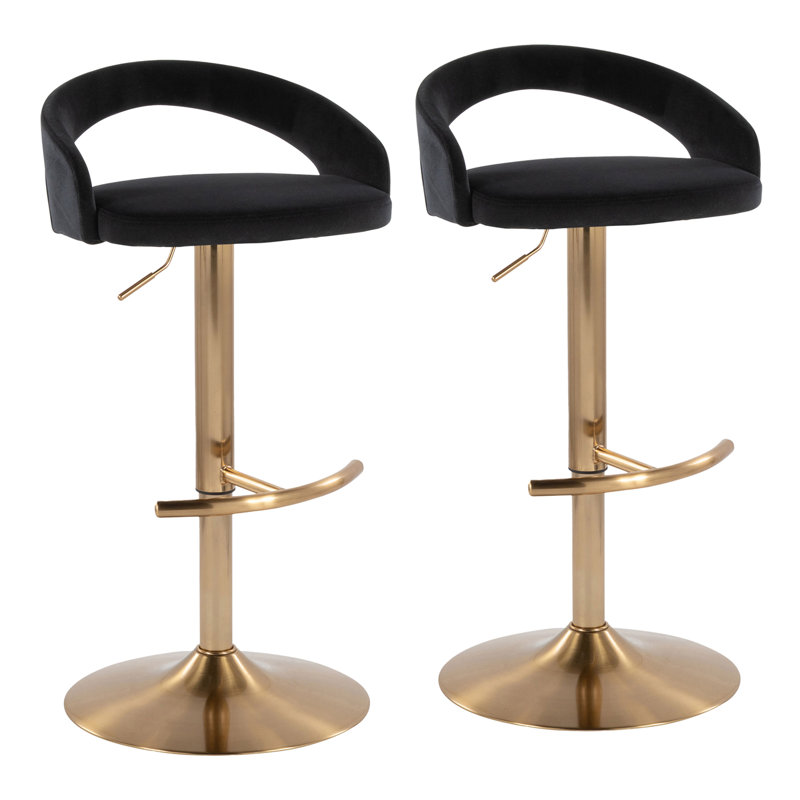 Tabouret de bar Laurenzio, Velours noir, Ensemble de 2, Doré
