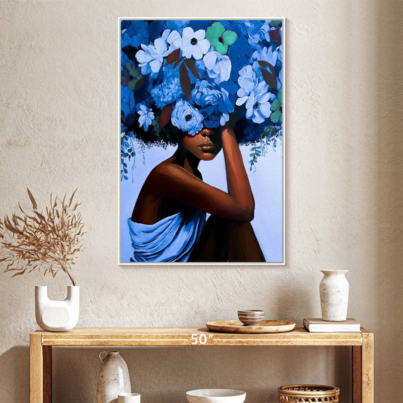 Fille aux cheveux bleus, Cadre flottant blanc, 27 po x 40 po