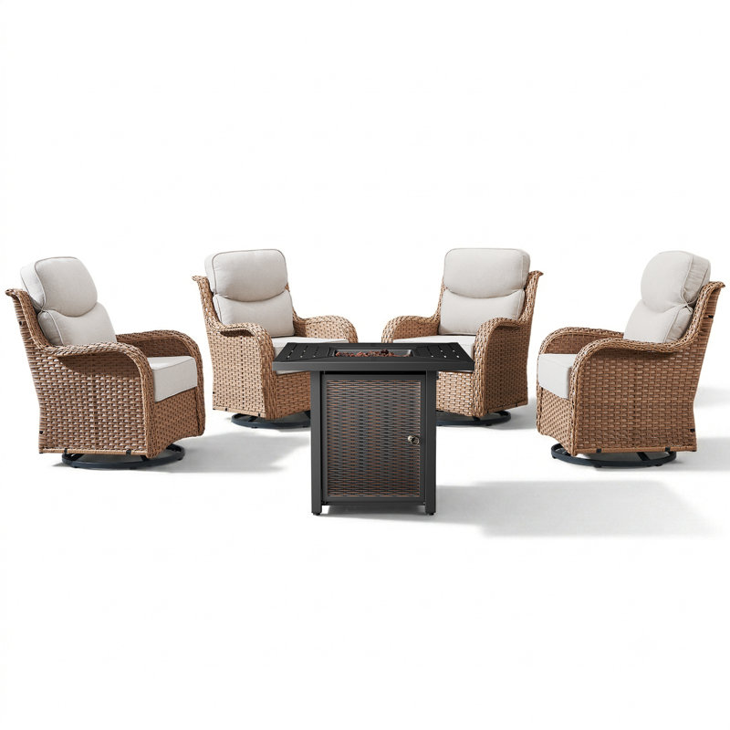 Ensemble de conversation extérieur en osier pour 4 personnes avec 4 chaises pivotantes et un foyer