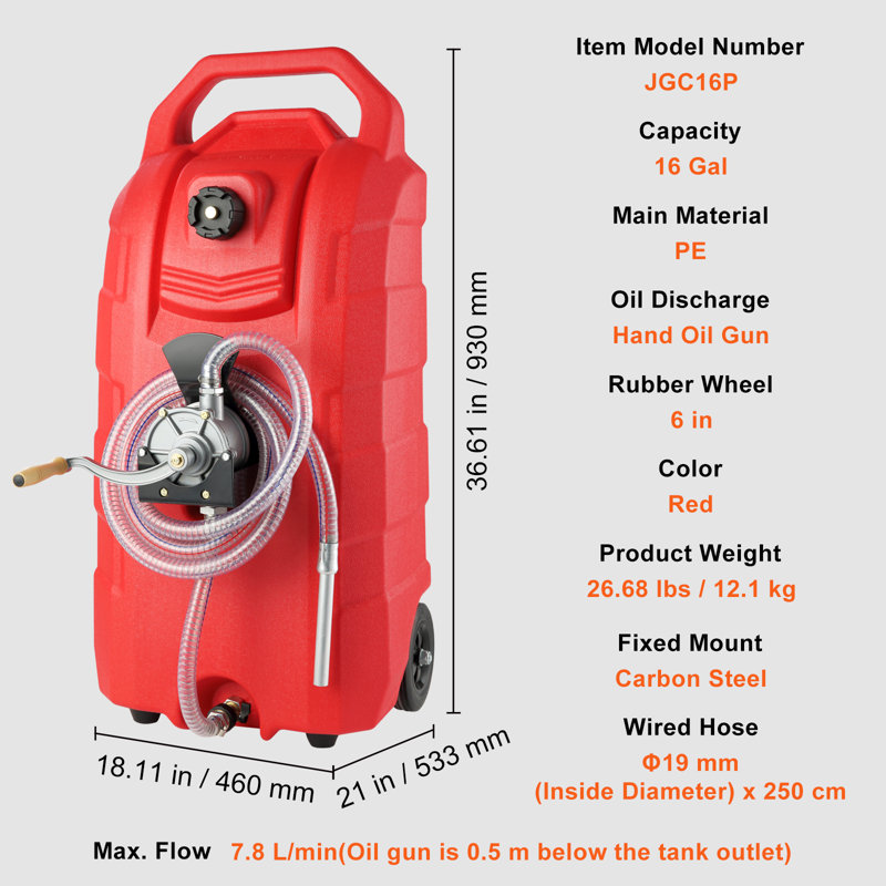Réservoir de carburant portatif à réservoir de gaz de 16 gallons, 7,8 L / min VEVOR