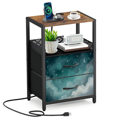 Table de chevet 2 tiroirs en tissu avec station de charge Starry Night Sky Crescent Moon