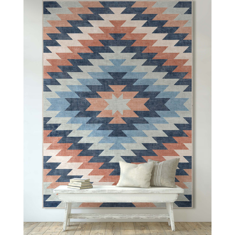 Tapis bleu tissé à plat Kehr Albuquerque Southwestern, Rectangle 7 pi 7 po x 9 pi 10 po