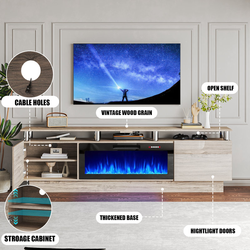 Alazik TV Stand with Electric Fireplace, Gray/Silver, Black, 24”H x 14”L x 80”W