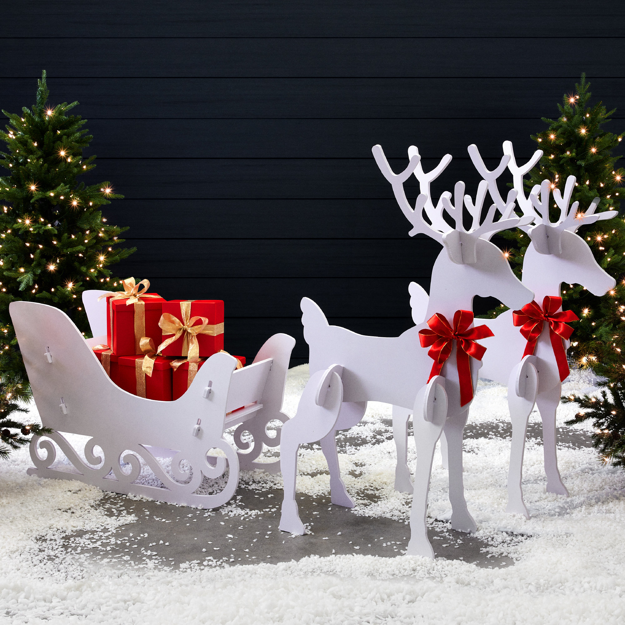  Iridescent Christmas Reindeer and Santa Sleigh Set