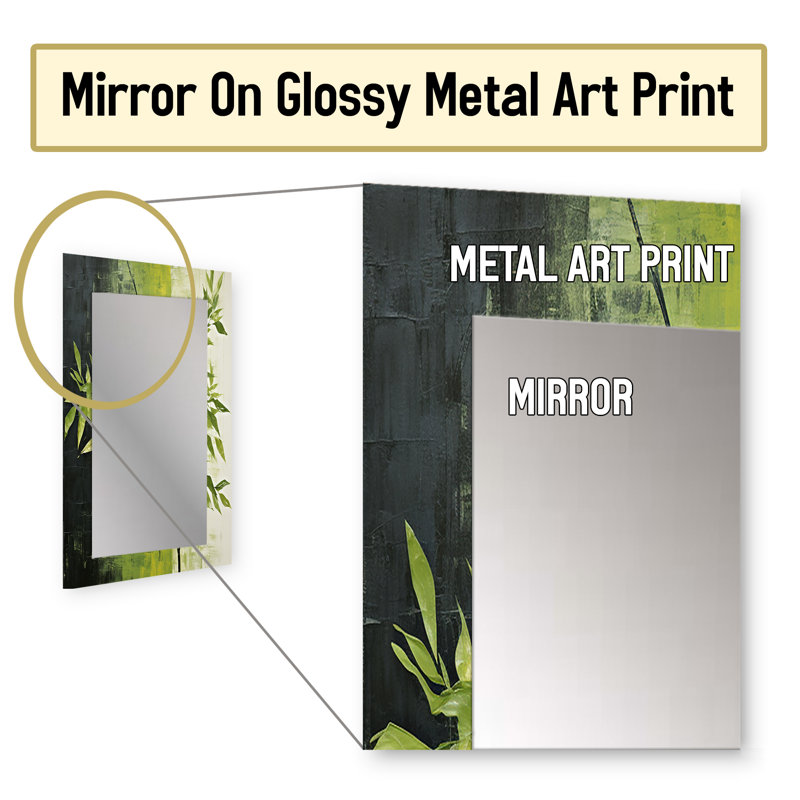 «Green Ferm Simple Collage II - Leaves Large Wall Mirror», miroir décoratif traditionnel, impression sur métal, 32 po x 24 po