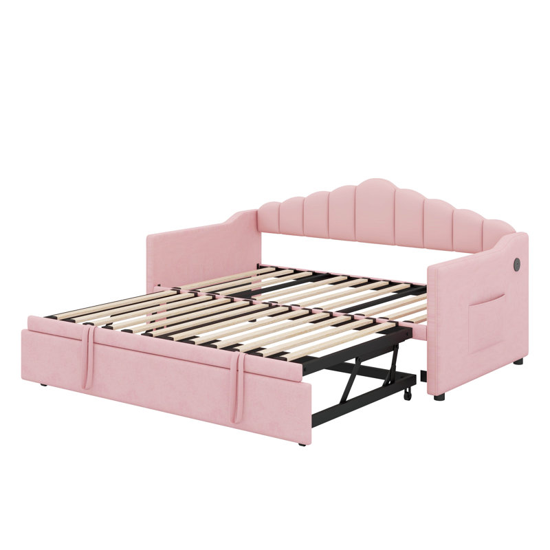 Upholstered Twin Size Daybed With Adjustable Height Pop Up Trundle, Pink