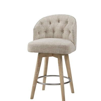 Tabouret de comptoir - Revêtement crème, pivotant à 360 degrés, dossier capitonné, pieds en bois massif, finition récupérée, argent, pivotant de 300 lb maximum avec siège rembourré et garniture, capacité