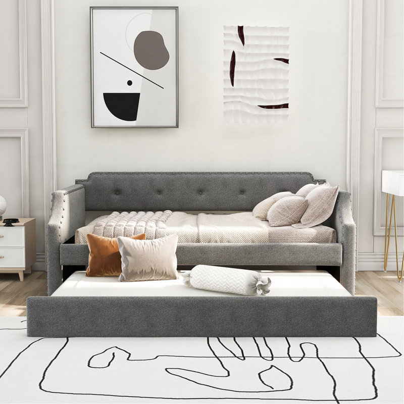 Upholstered Daybed With Trundle, Wood Slat Support,Upholstered Frame Sofa Bed , Twin,Gray, Gray